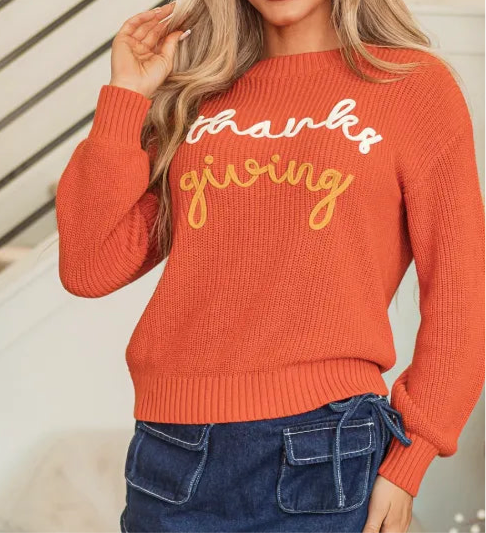 THANKS GIVING Round Neck Long Sleeve Sweater