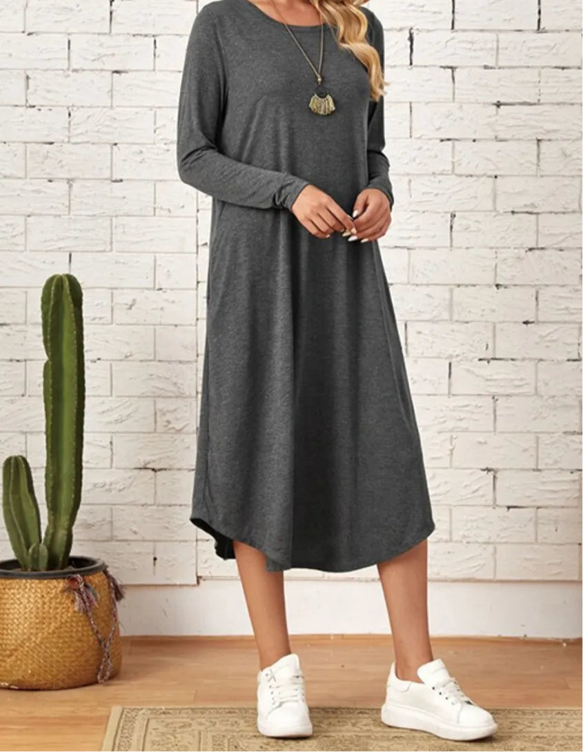 Pocketed Round Neck Long Sleeve Tee Dress