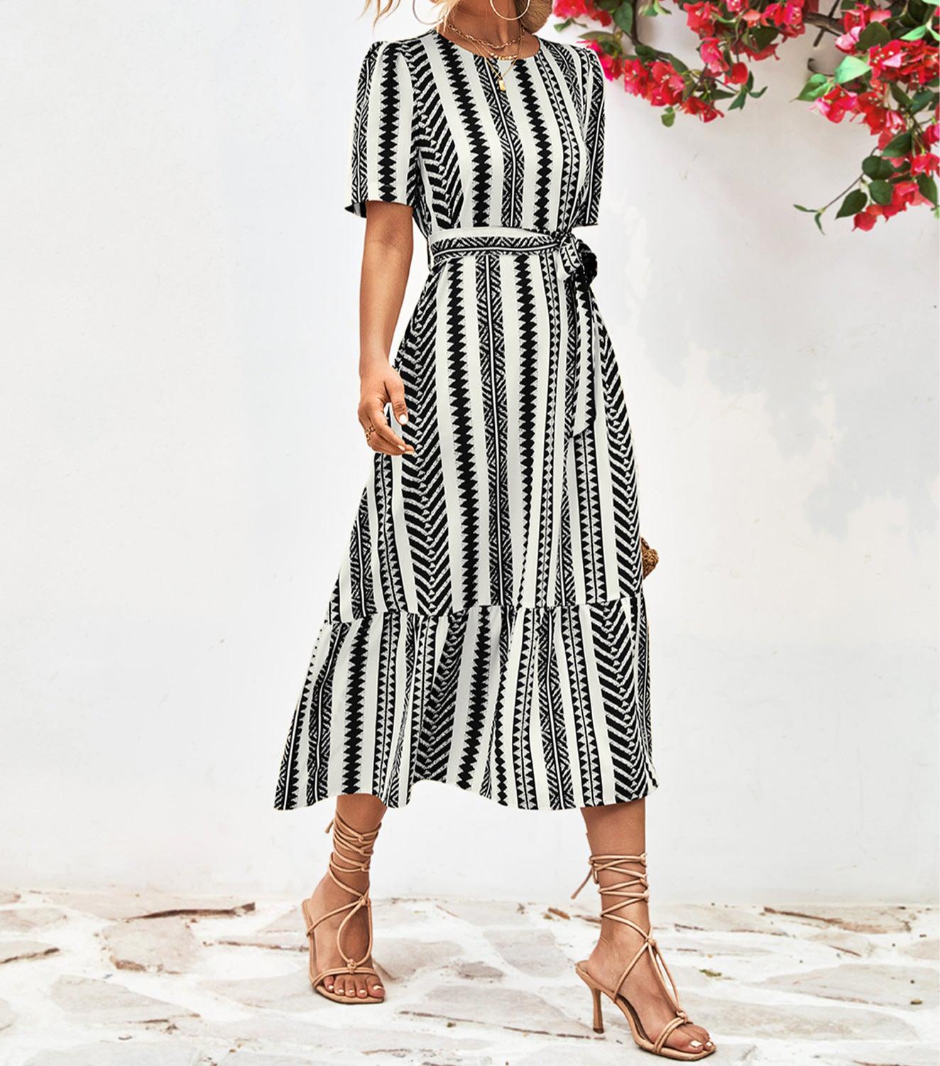 Striped Tie Belt Round Neck Puff Sleeve Dress