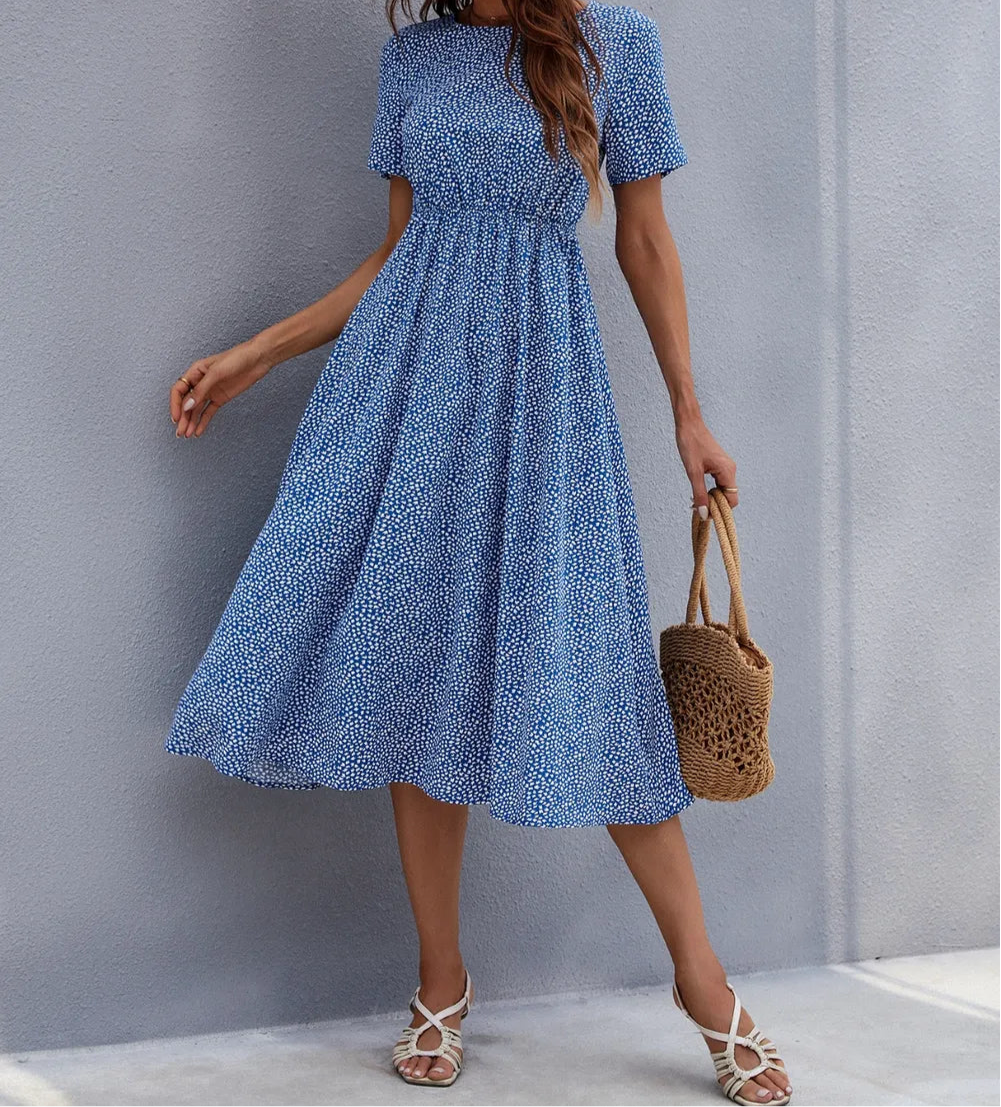 Honey Printed Round Neck Short Sleeve Midi Dress
