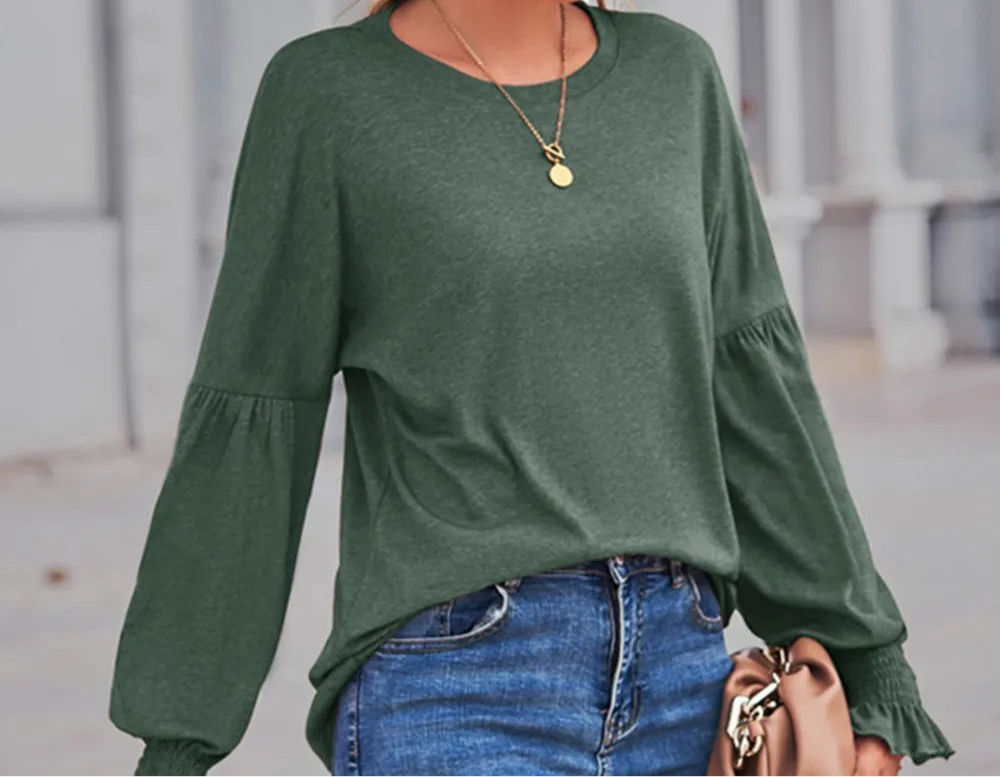 Round Neck Flounce Sleeve Blouse