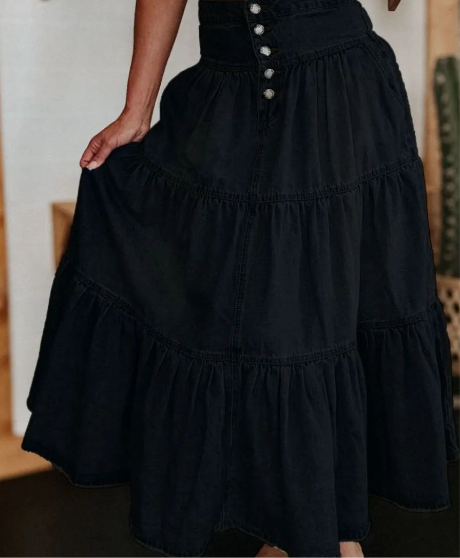Ruched Button Fly Denim Skirt