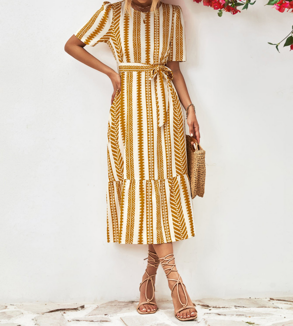 Striped Tie Belt Round Neck Puff Sleeve Dress