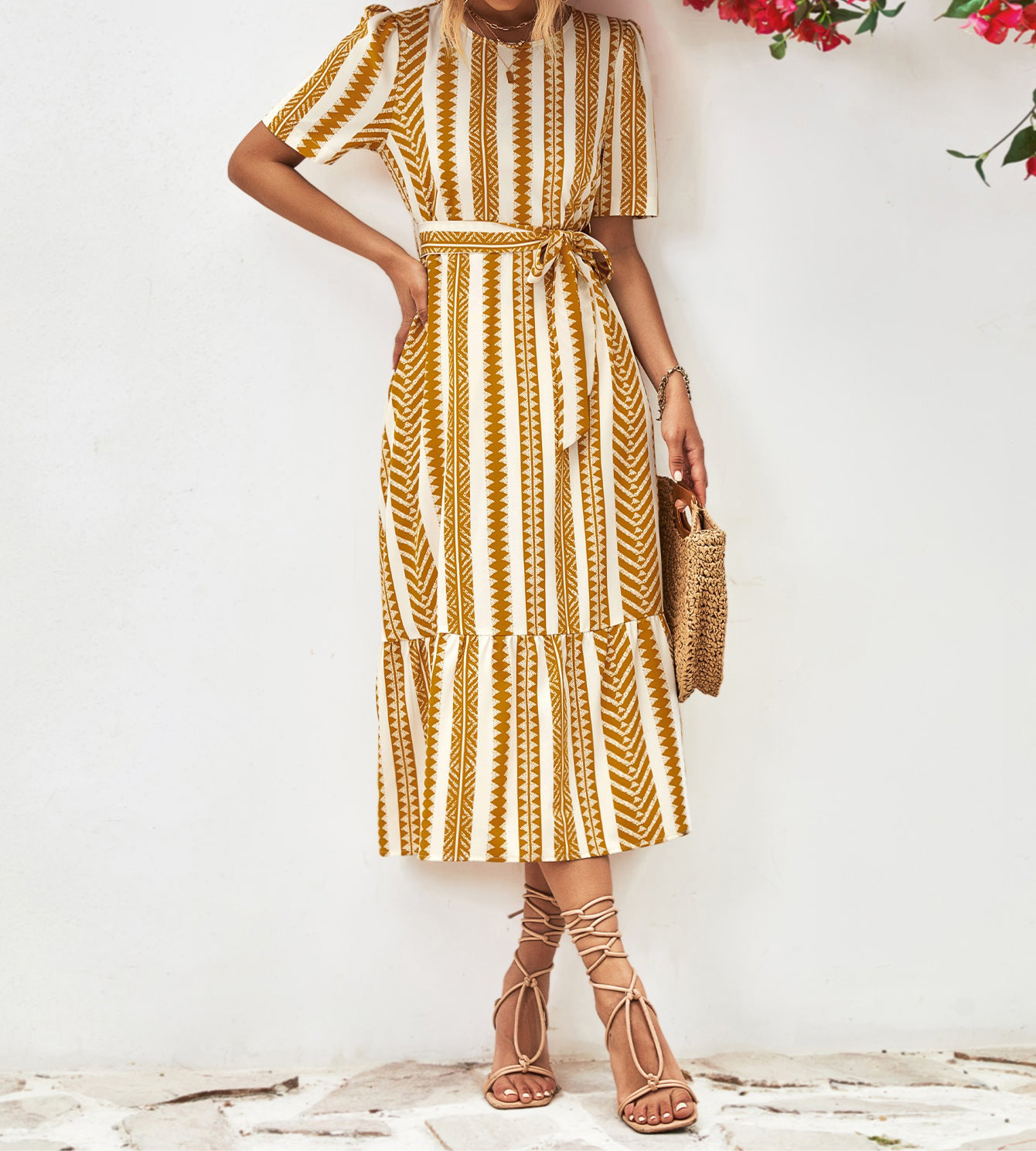 Striped Tie Belt Round Neck Puff Sleeve Dress