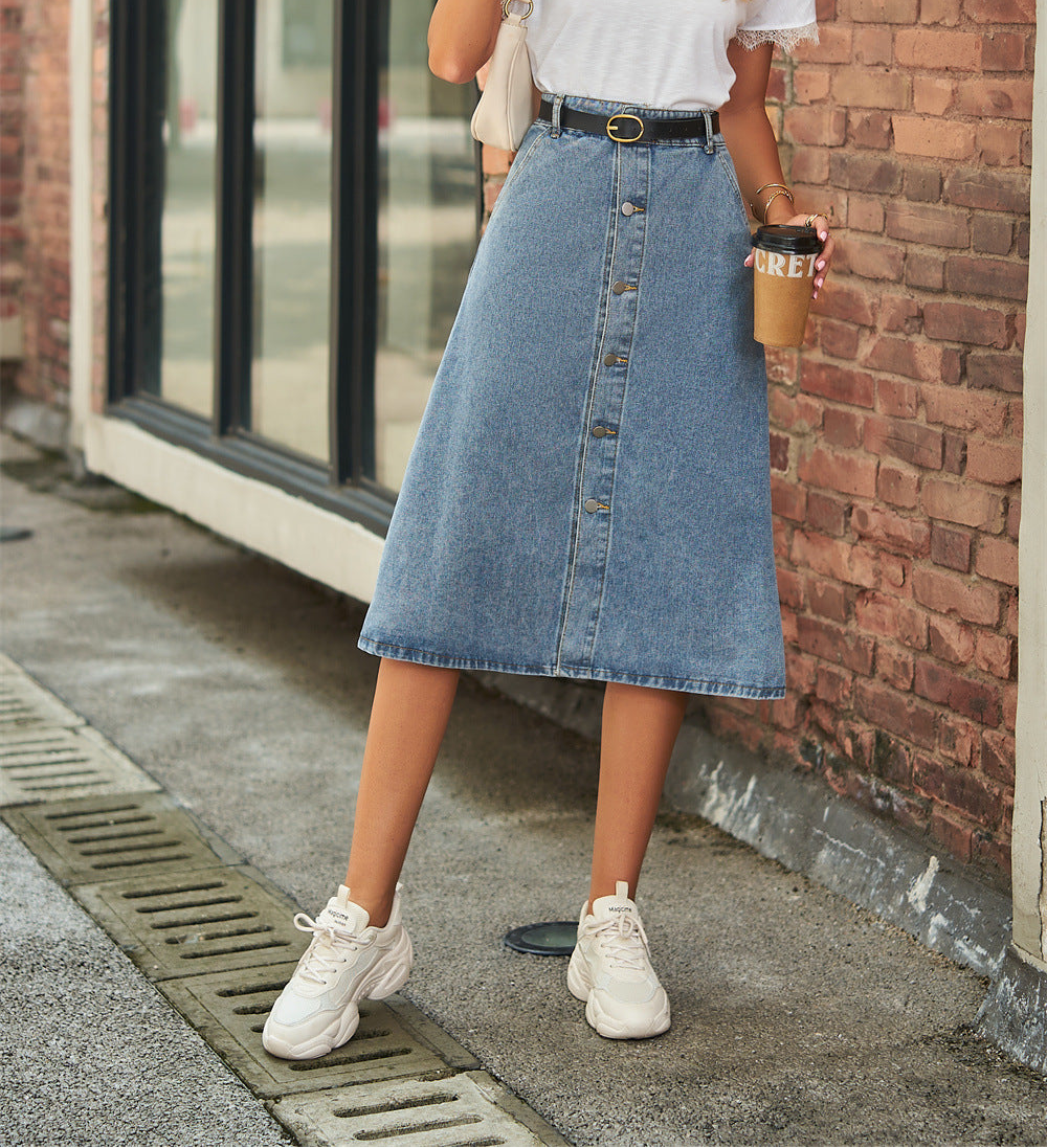 Button Front A-Line Denim Skirt