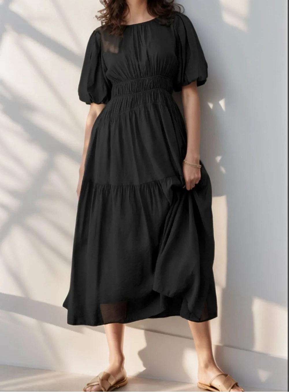 Puff Sleeve Pleated High Waist Flowy Midi Dress
