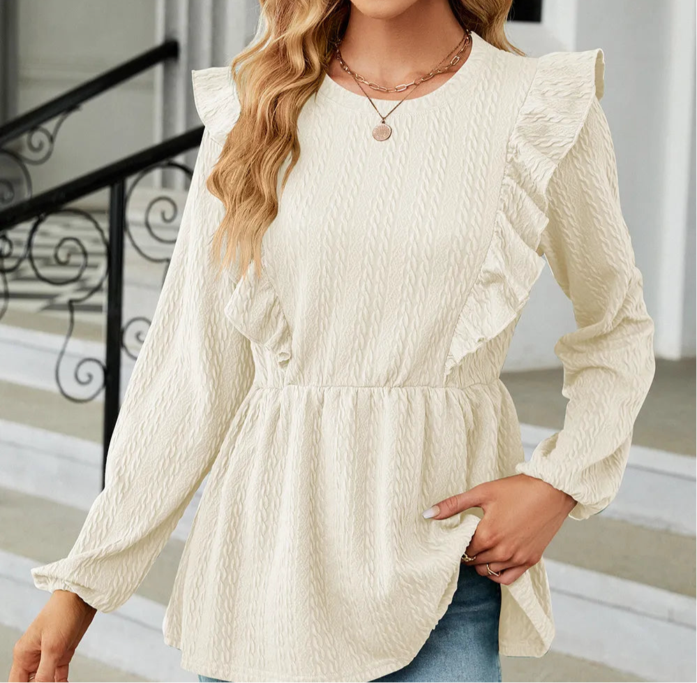Ruffled Round Neck Balloon Sleeve Blouse