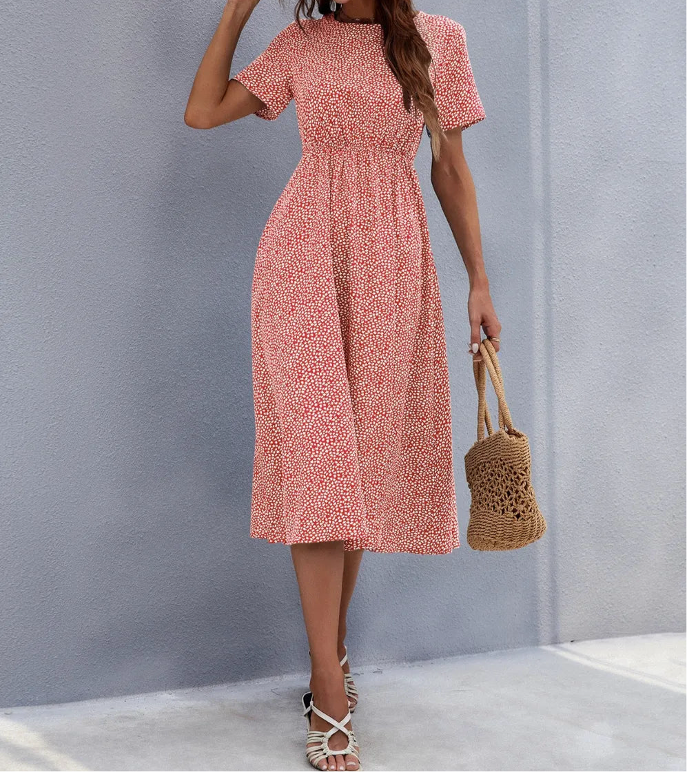 Honey Printed Round Neck Short Sleeve Midi Dress