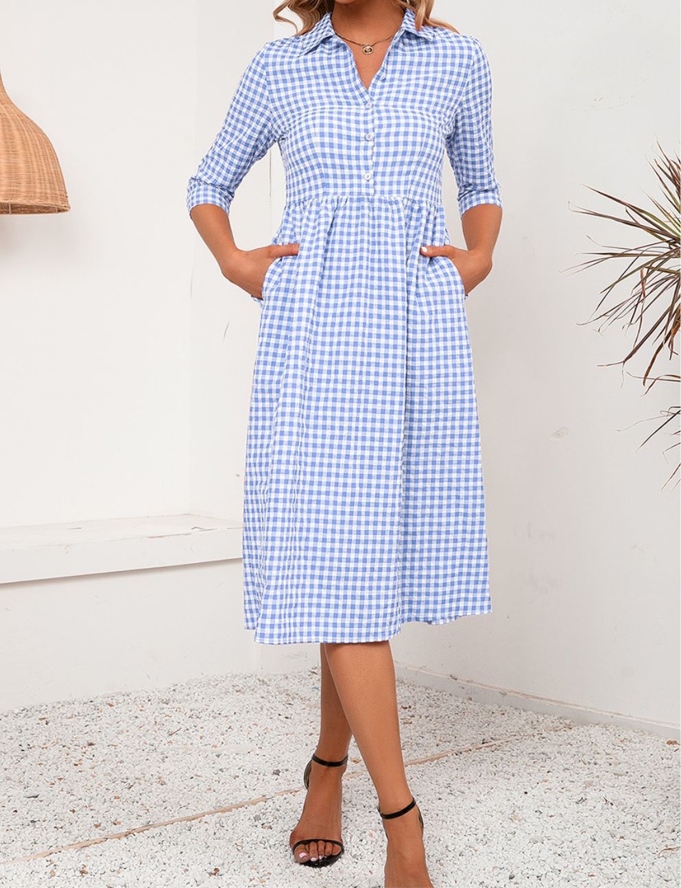 Plaid Collared Neck Midi Dress