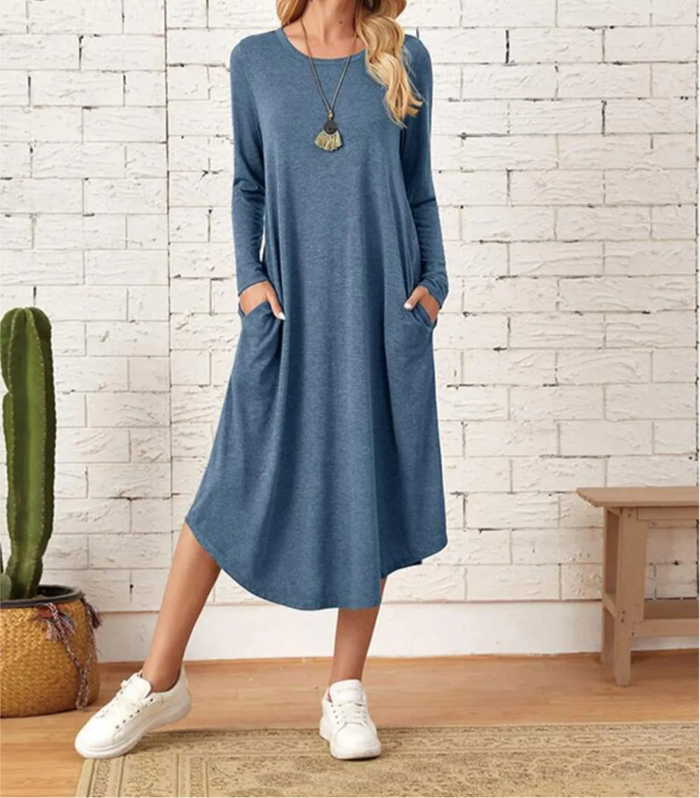 Pocketed Round Neck Long Sleeve Tee Dress