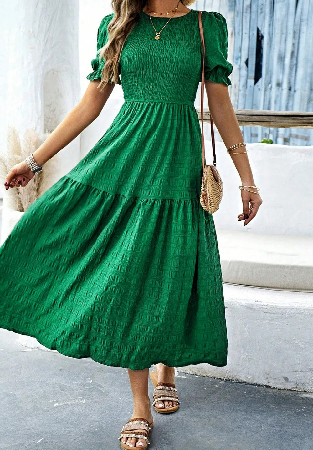 Smocked Puff Sleeve Midi Dress