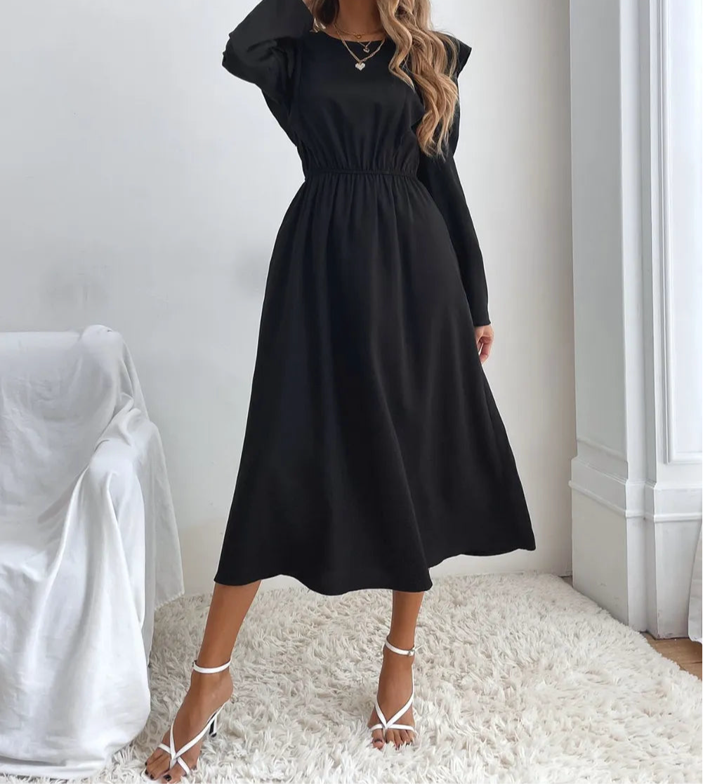 Ruched Ruffled Round Neck Long Sleeve Dress