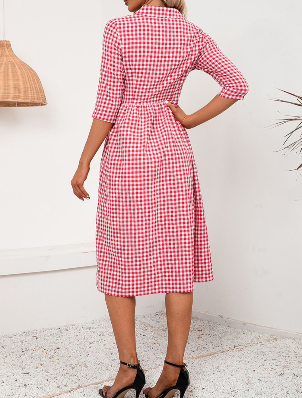 Plaid Collared Neck Midi Dress