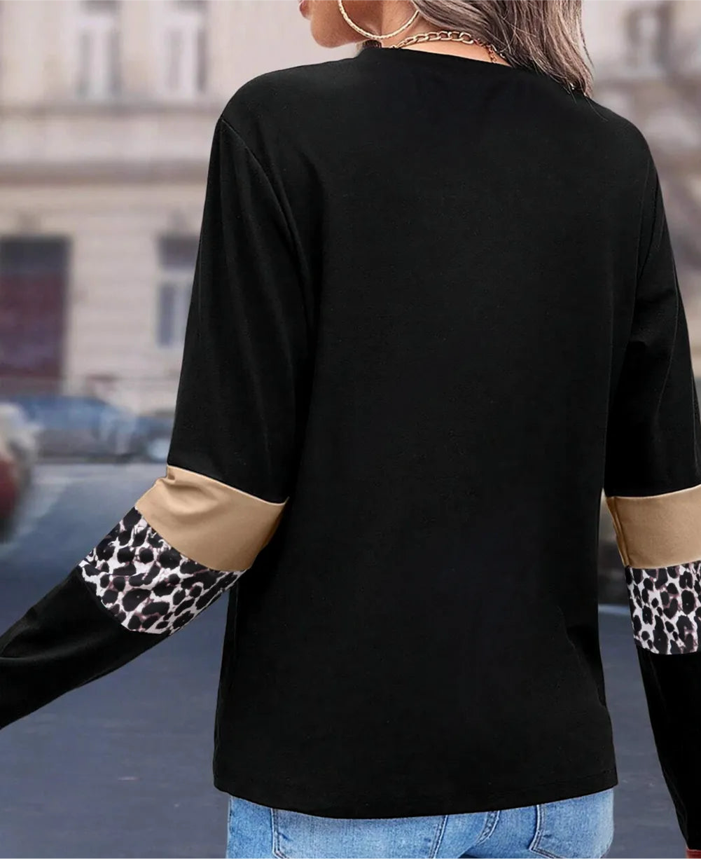 Leopard Round Neck Long Sleeve Blouse
