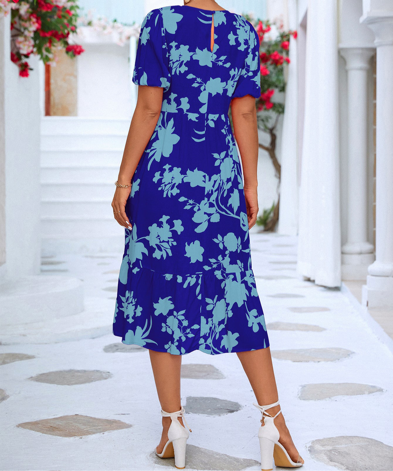Floral Puff Sleeve Ruffle Hem Midi Dress