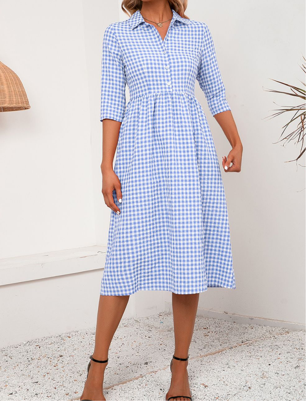 Plaid Collared Neck Midi Dress