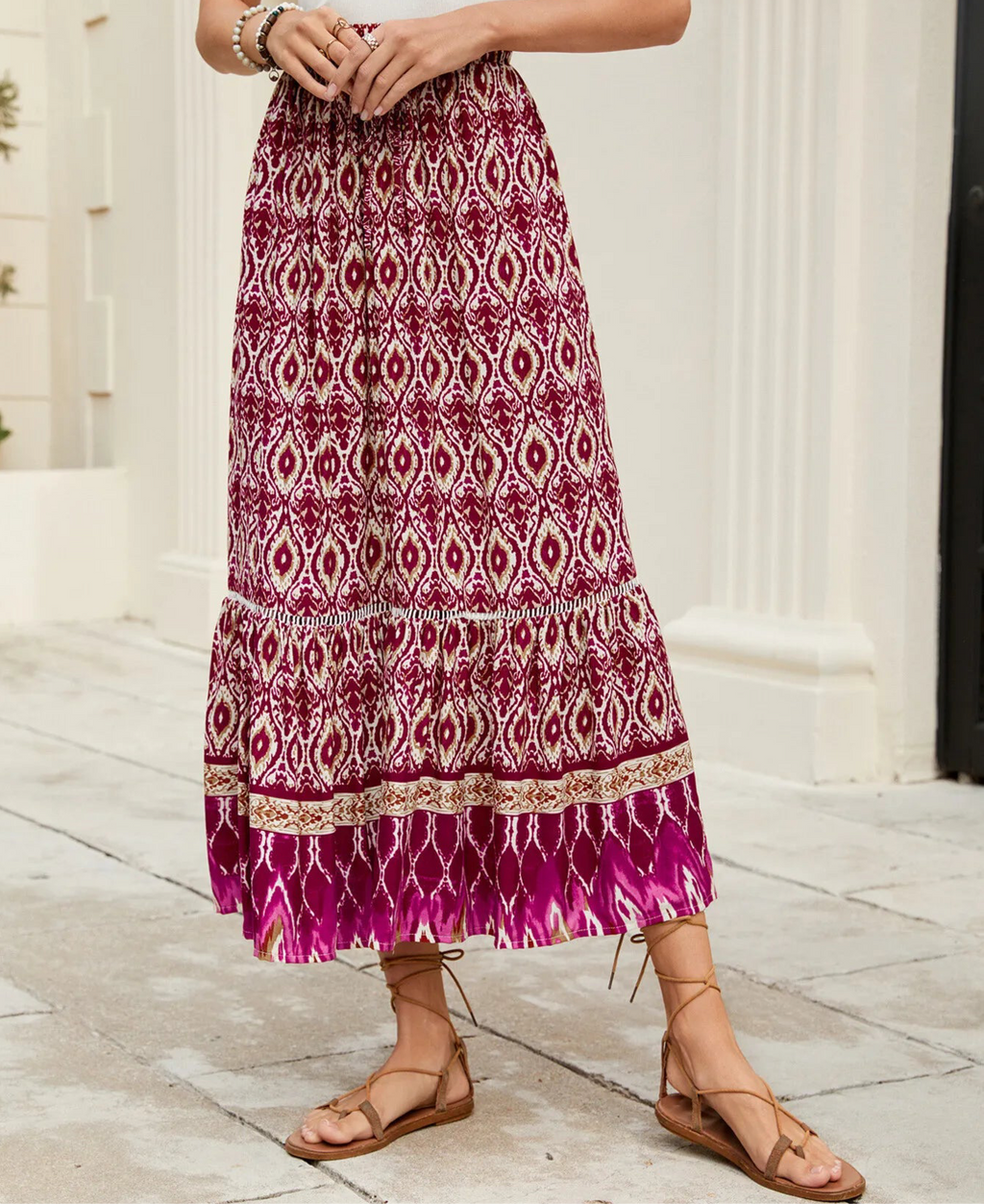 Bohemian Printed Ruched Maxi Skirt