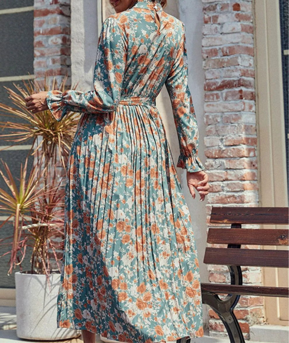 Perfee Tied Pleated Printed Mock Neck Long Sleeve Dress