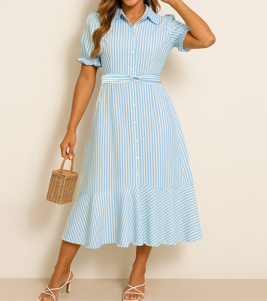 Striped Button-Down Midi Shirt Dress with Ruffle Sleeves
