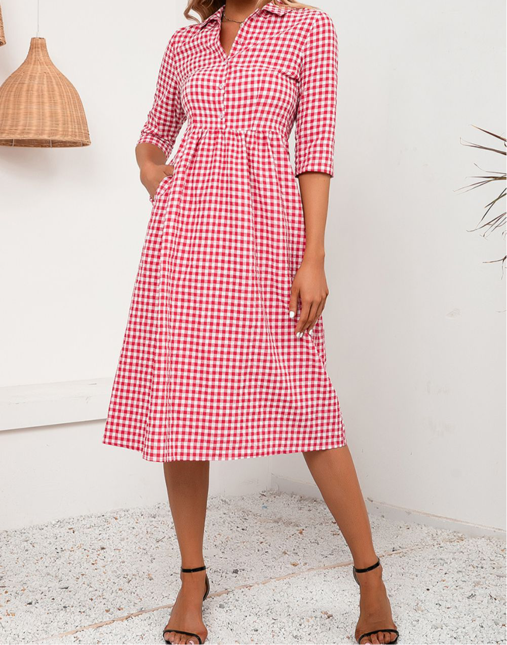 Plaid Collared Neck Midi Dress