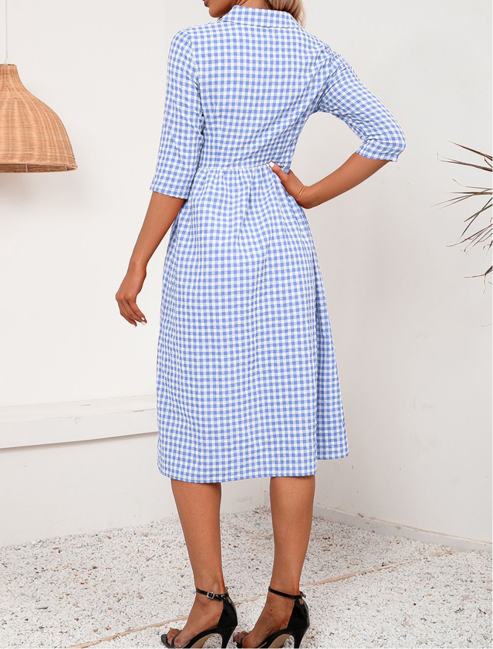 Plaid Collared Neck Midi Dress