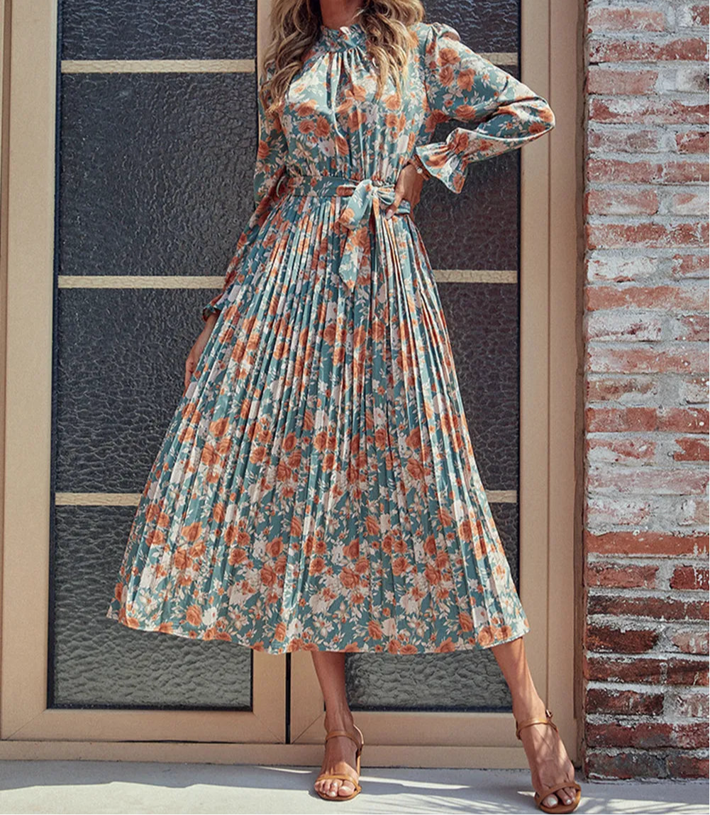 Perfee Tied Pleated Printed Mock Neck Long Sleeve Dress