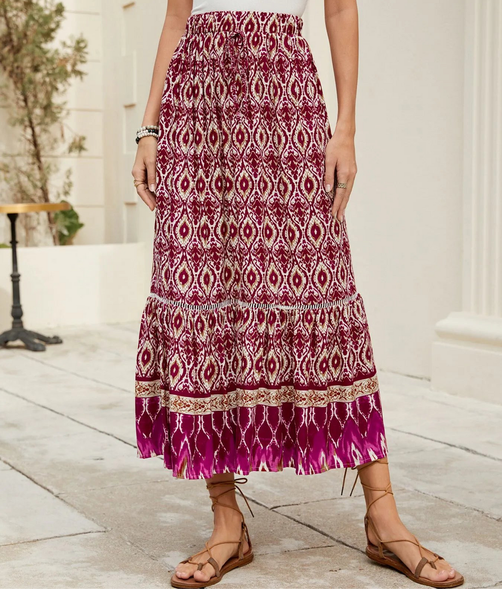 Bohemian Printed Ruched Maxi Skirt