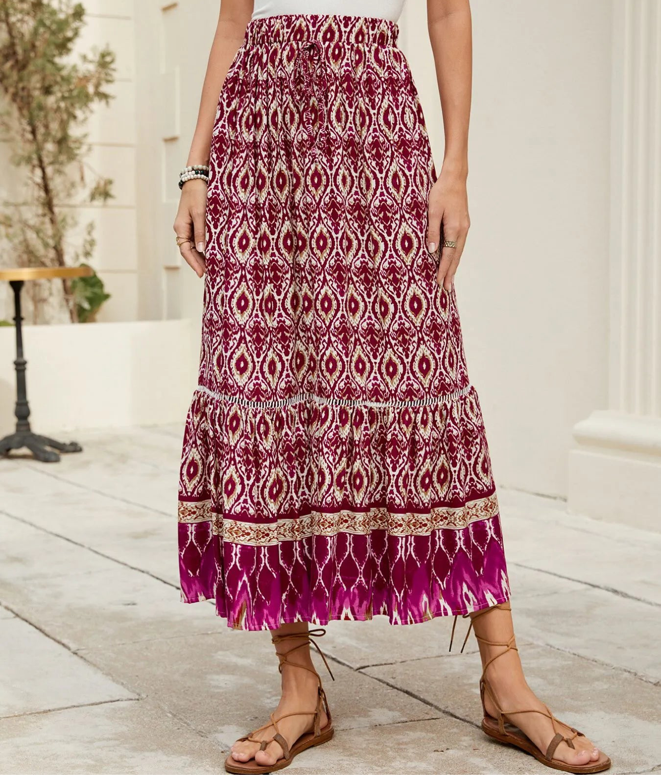 Bohemian Printed Ruched Maxi Skirt