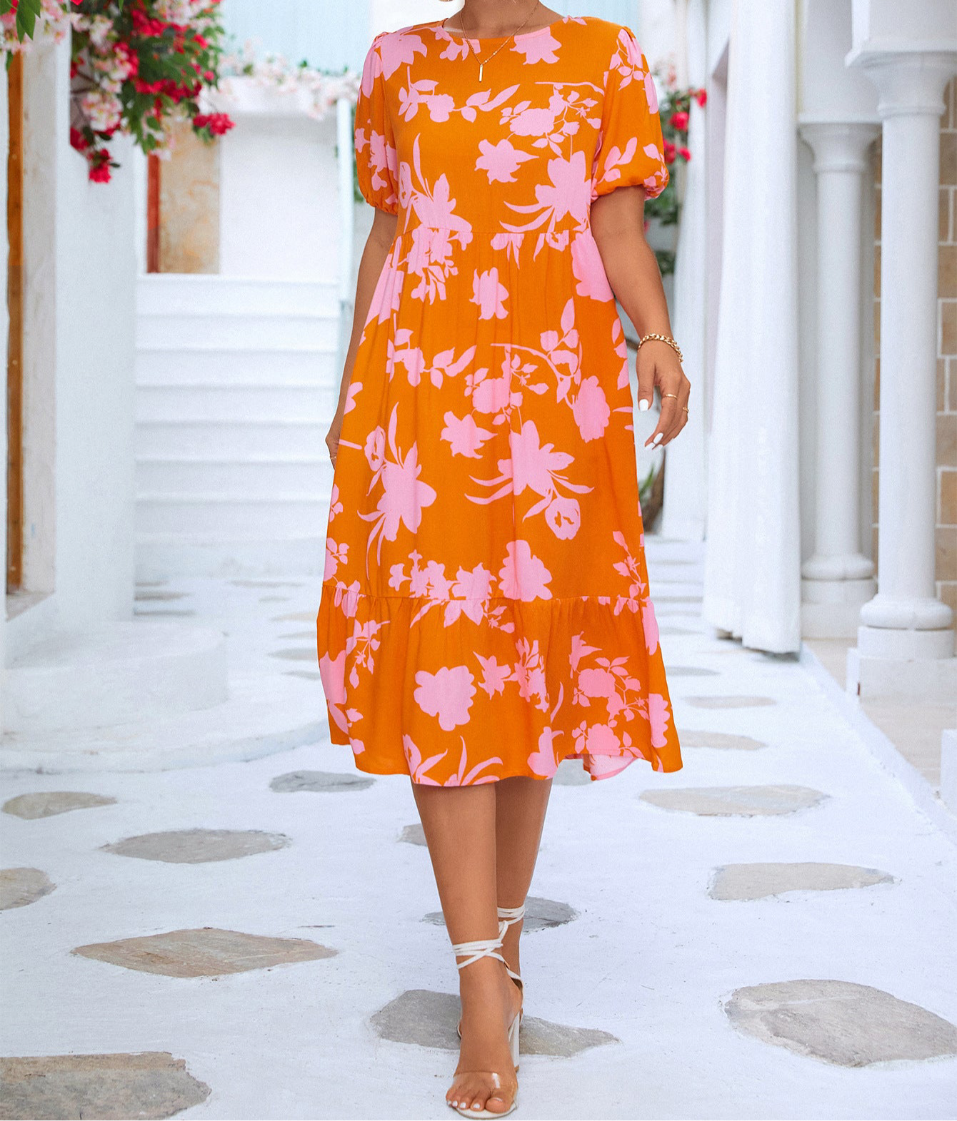 Floral Puff Sleeve Ruffle Hem Midi Dress