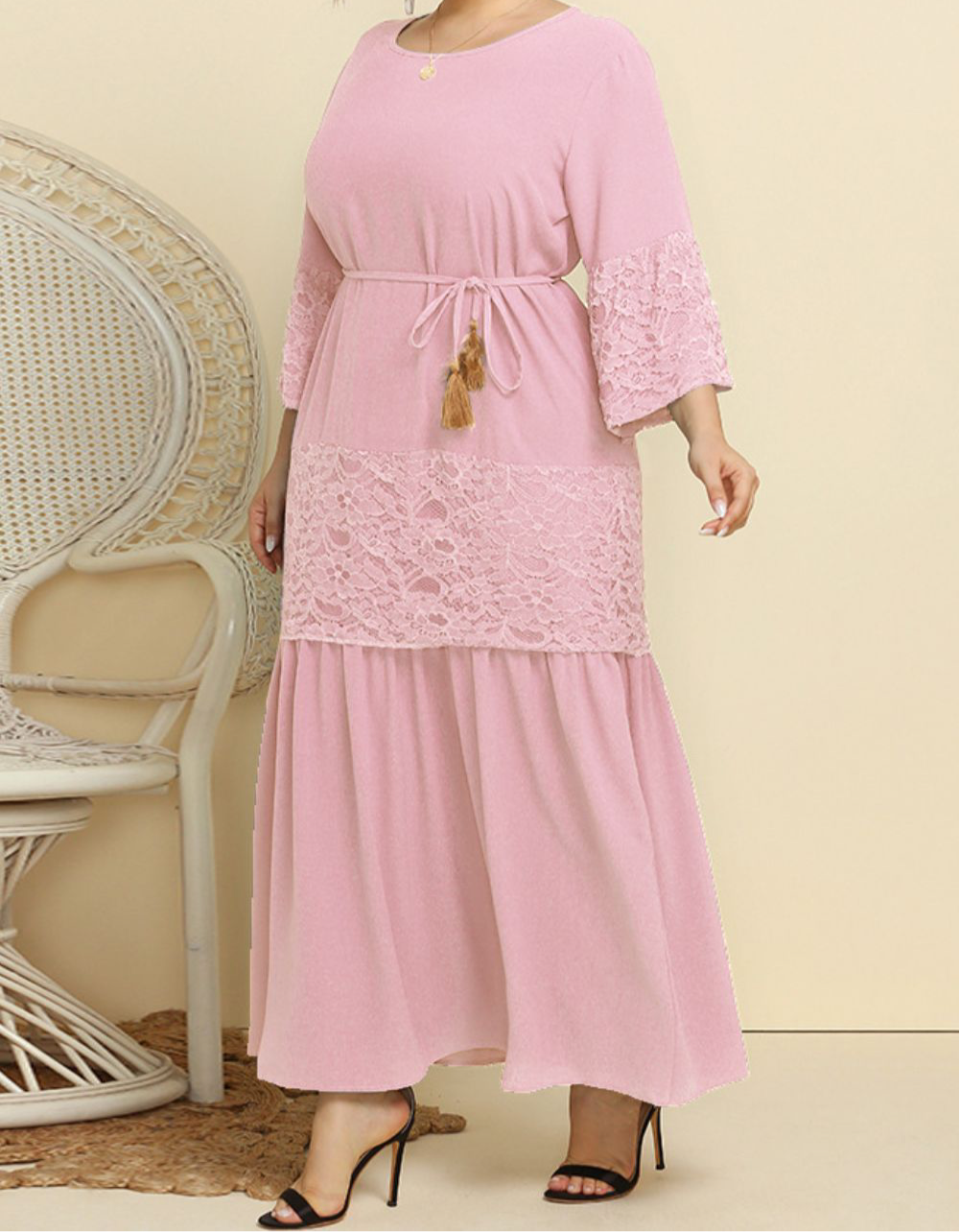 Plus Size Spliced Lace Tassel Belted Dress