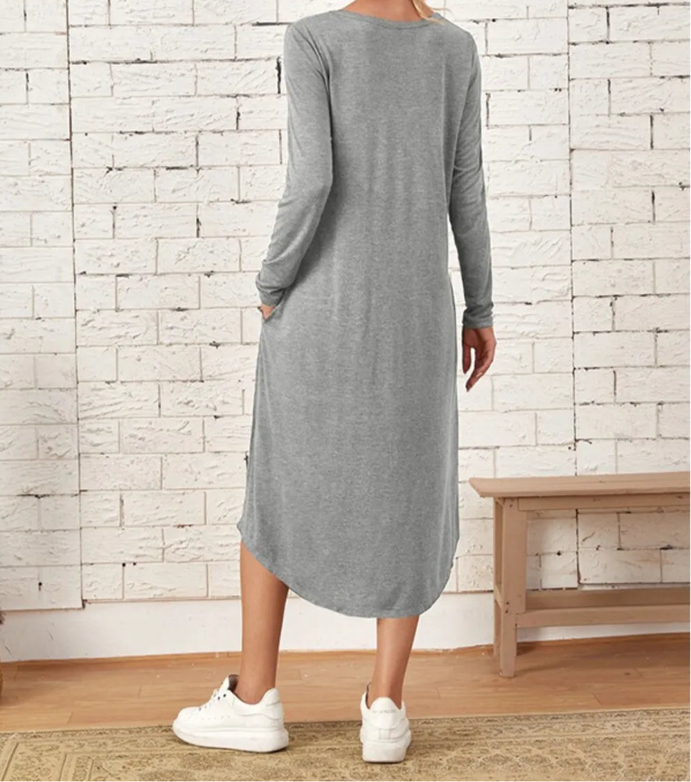 Pocketed Round Neck Long Sleeve Tee Dress