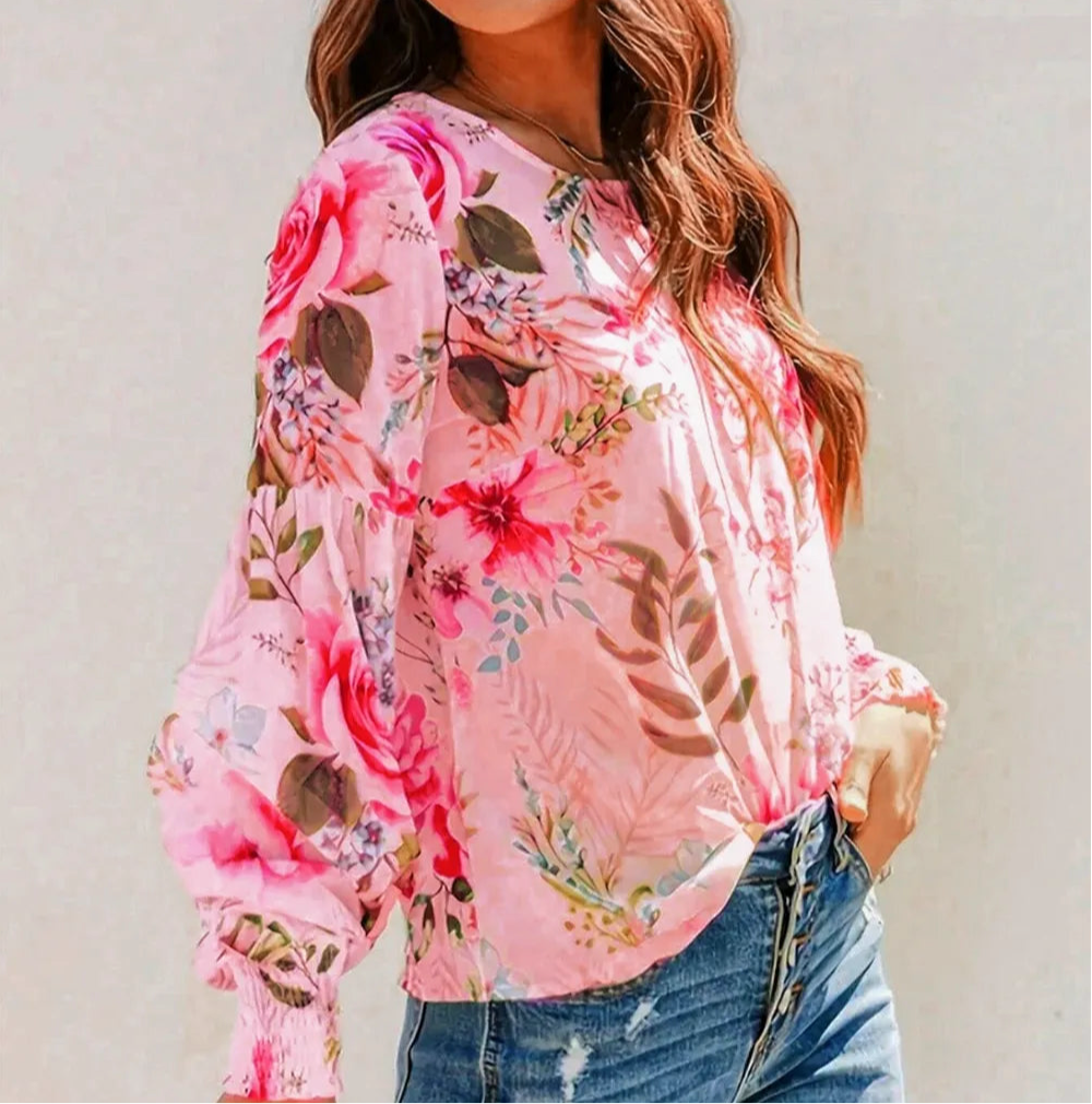 Smocked Printed Round Neck Lantern Sleeve Blouse