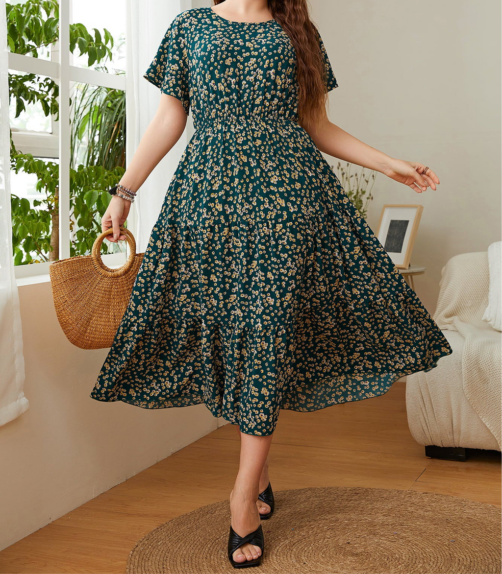 Honey Plus Size Floral Round Neck Short Sleeve Midi Dress