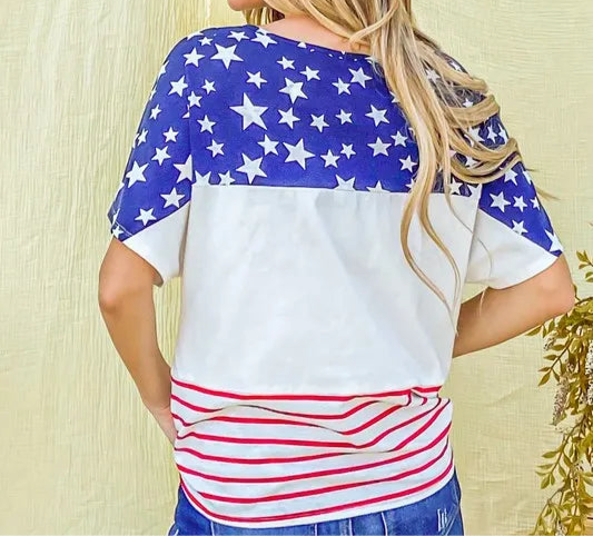 American Flag Print Tie Knot Front Casual Top