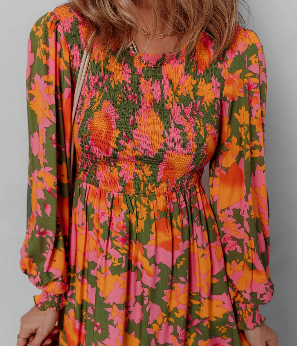 Smocked Floral Print Long Sleeve Maxi Dress