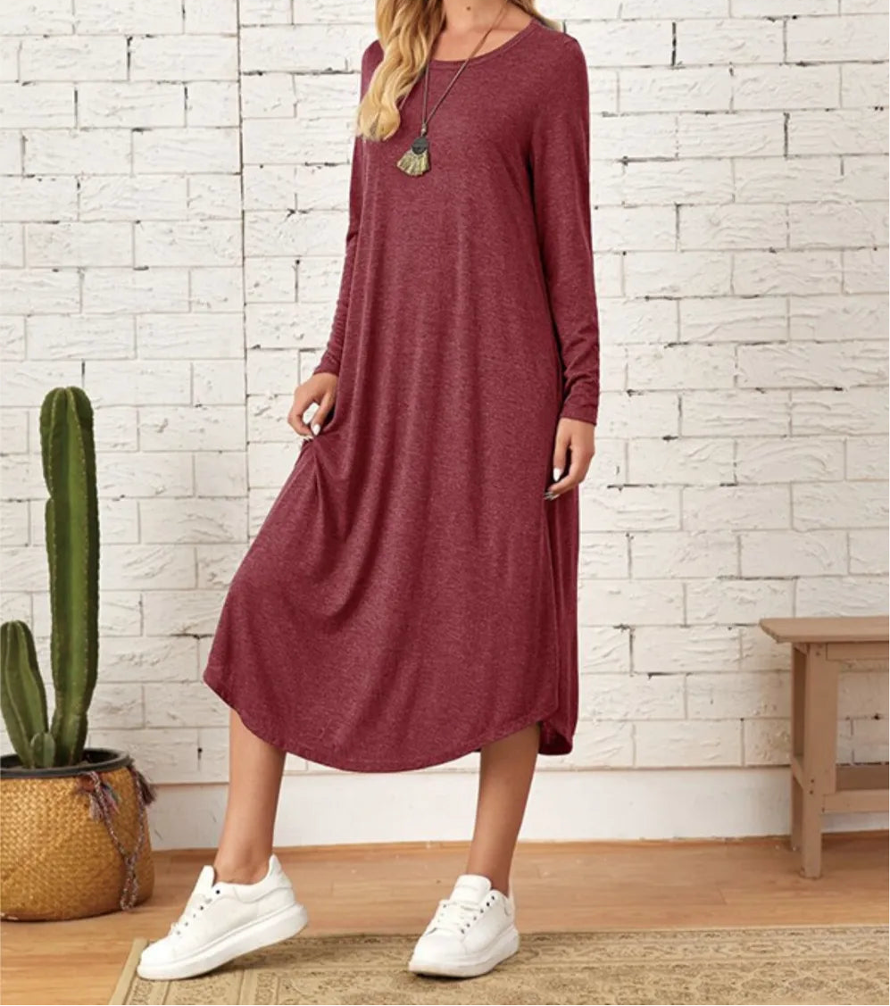 Pocketed Round Neck Long Sleeve Tee Dress
