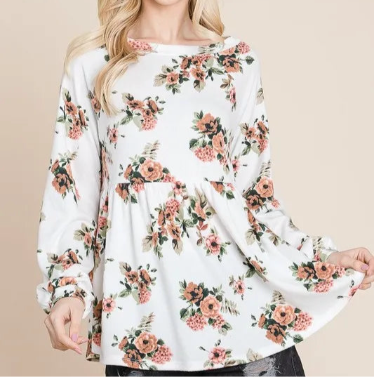 Super Lady Full Size Babydoll Floral Boat Neck Long Sleeve Blouse