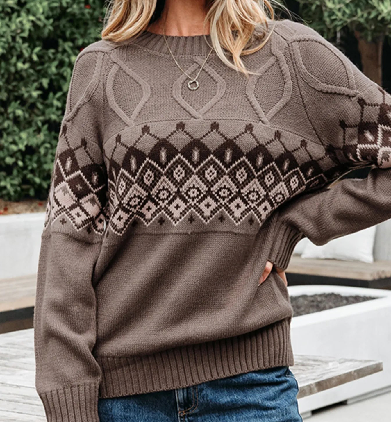 Geometric Round Neck Long Sleeve Sweater