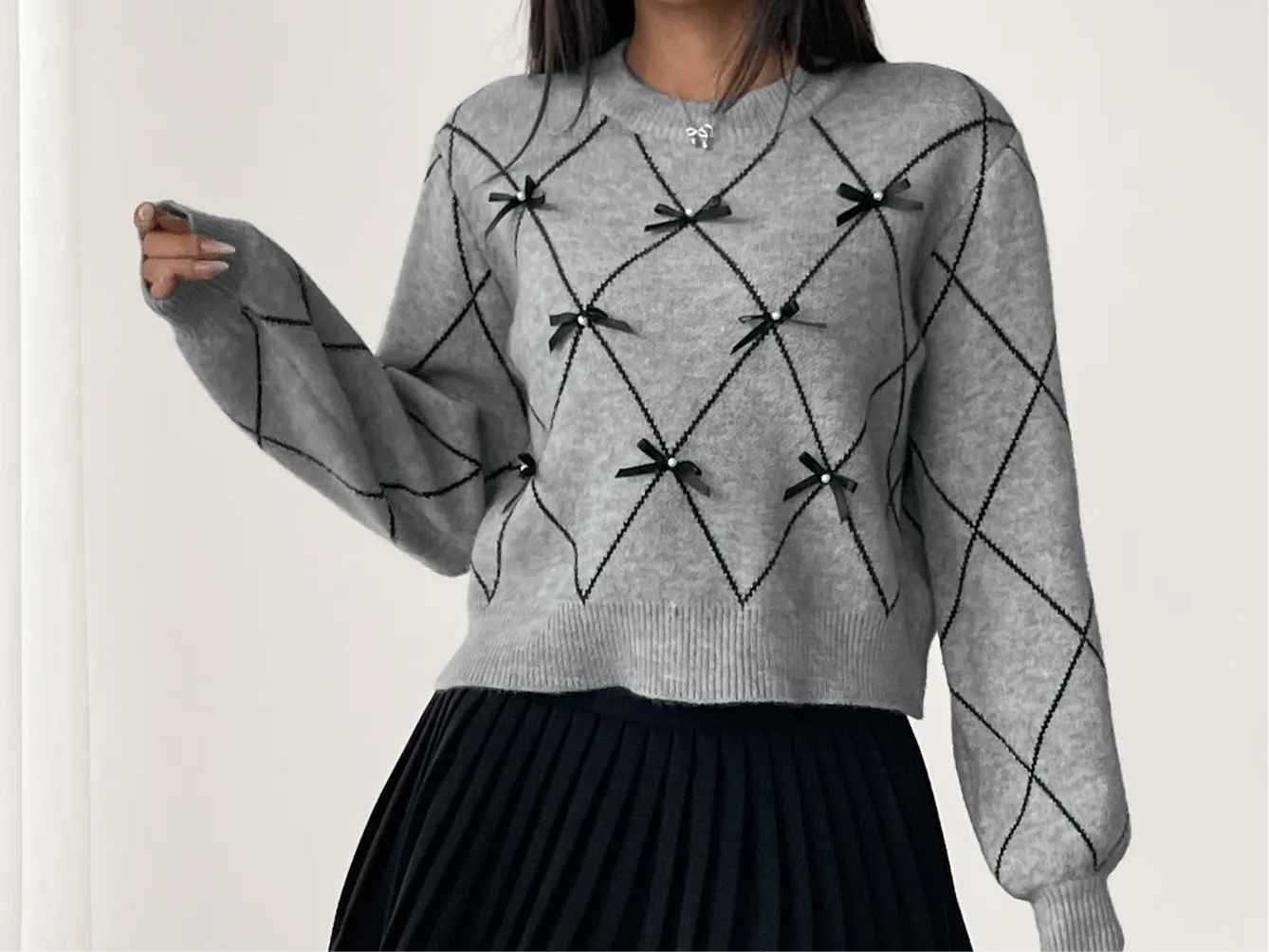 Diamond Pattern Bow Detail Sweater