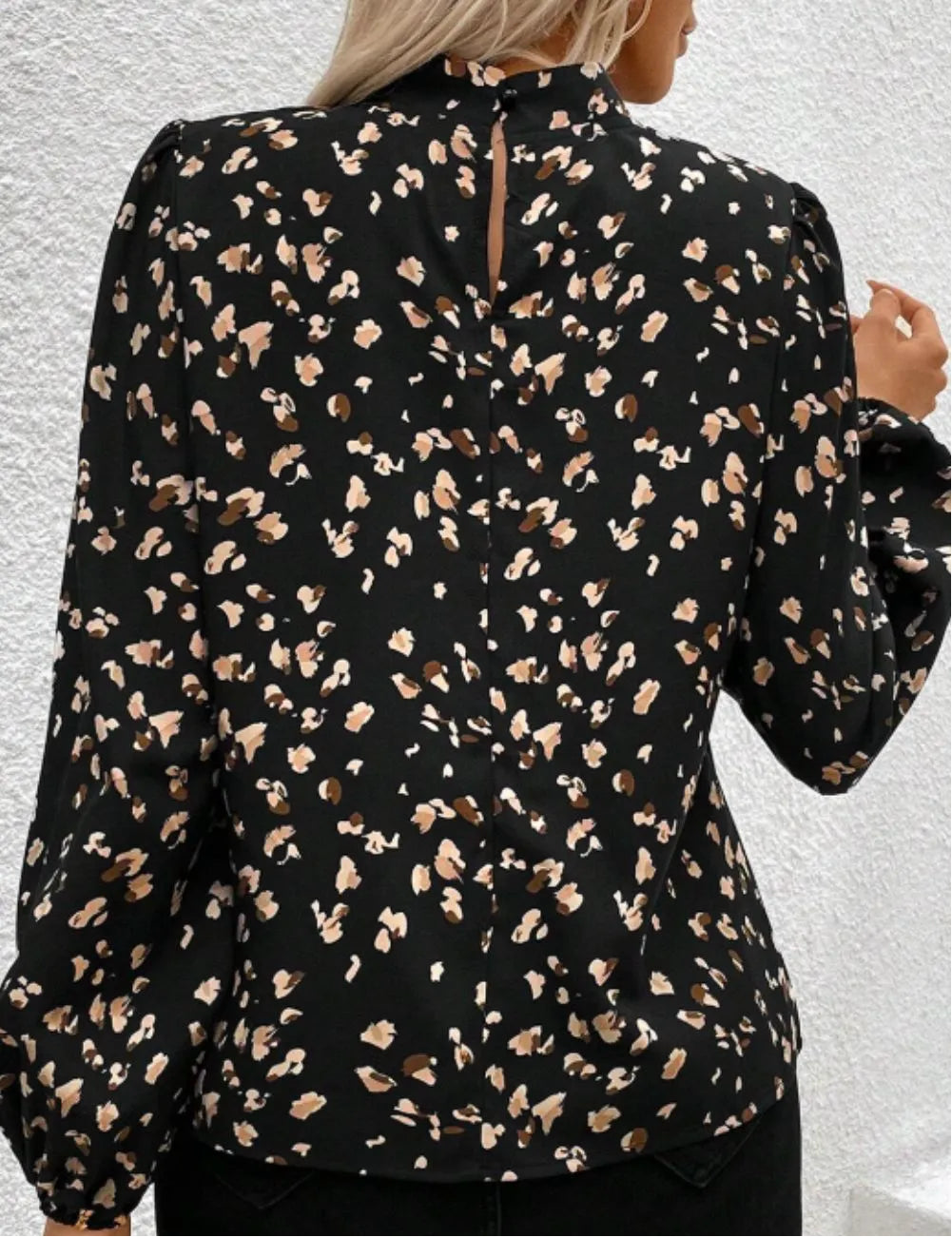 Printed Mock Neck Balloon Sleeve Blouse