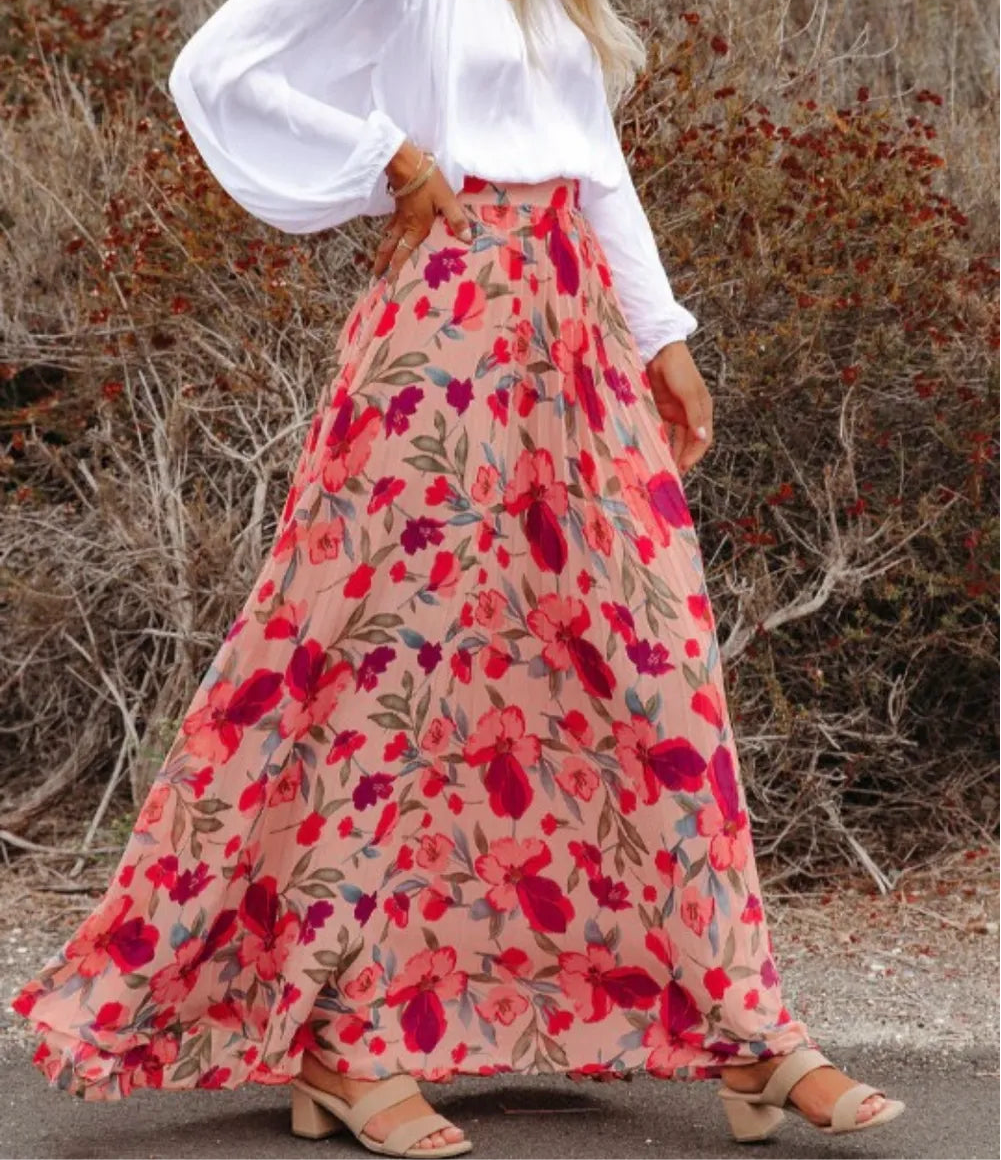 Printed Elastic Waist Pleated Maxi Skirt