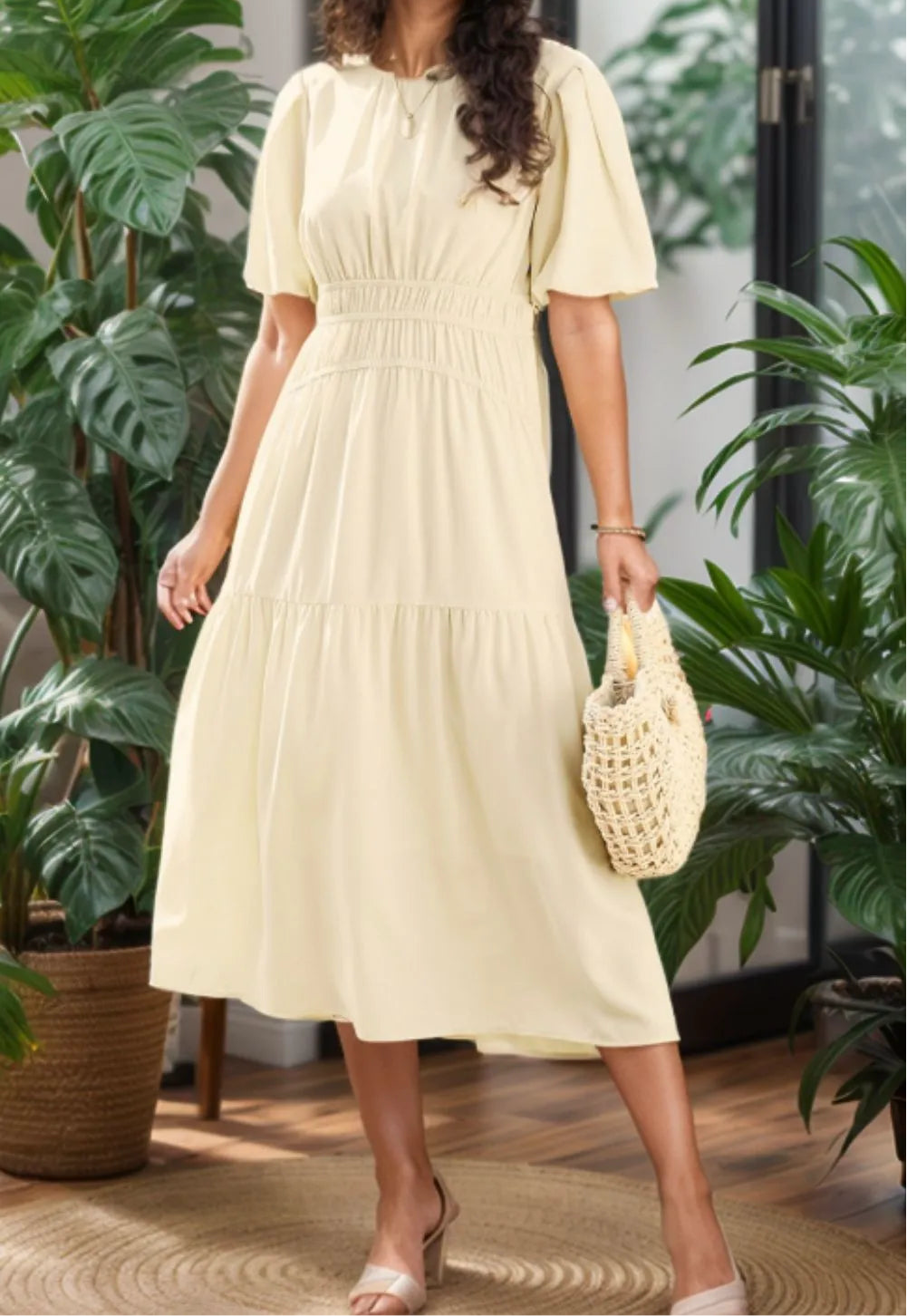 Puff Sleeve Pleated High Waist Flowy Midi Dress