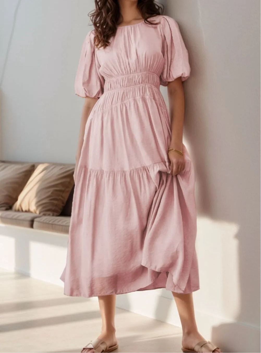 Puff Sleeve Pleated High Waist Flowy Midi Dress