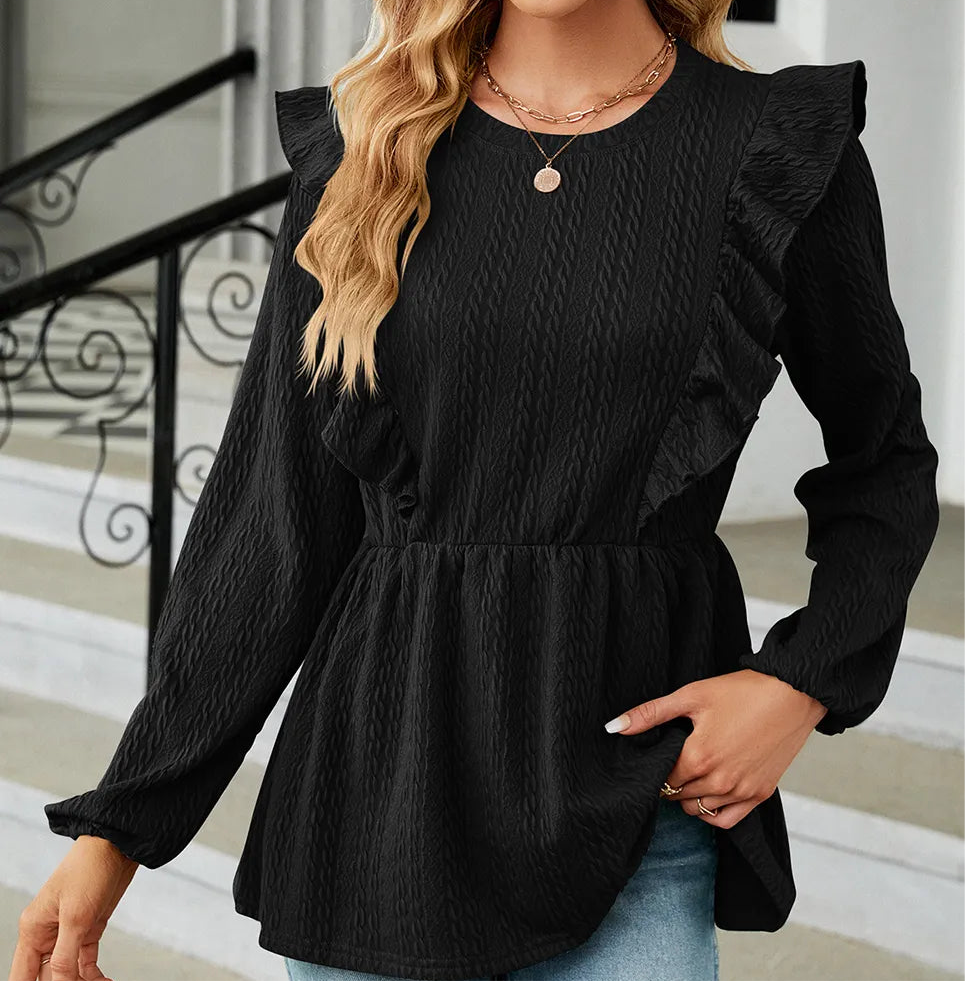 Ruffled Round Neck Balloon Sleeve Blouse