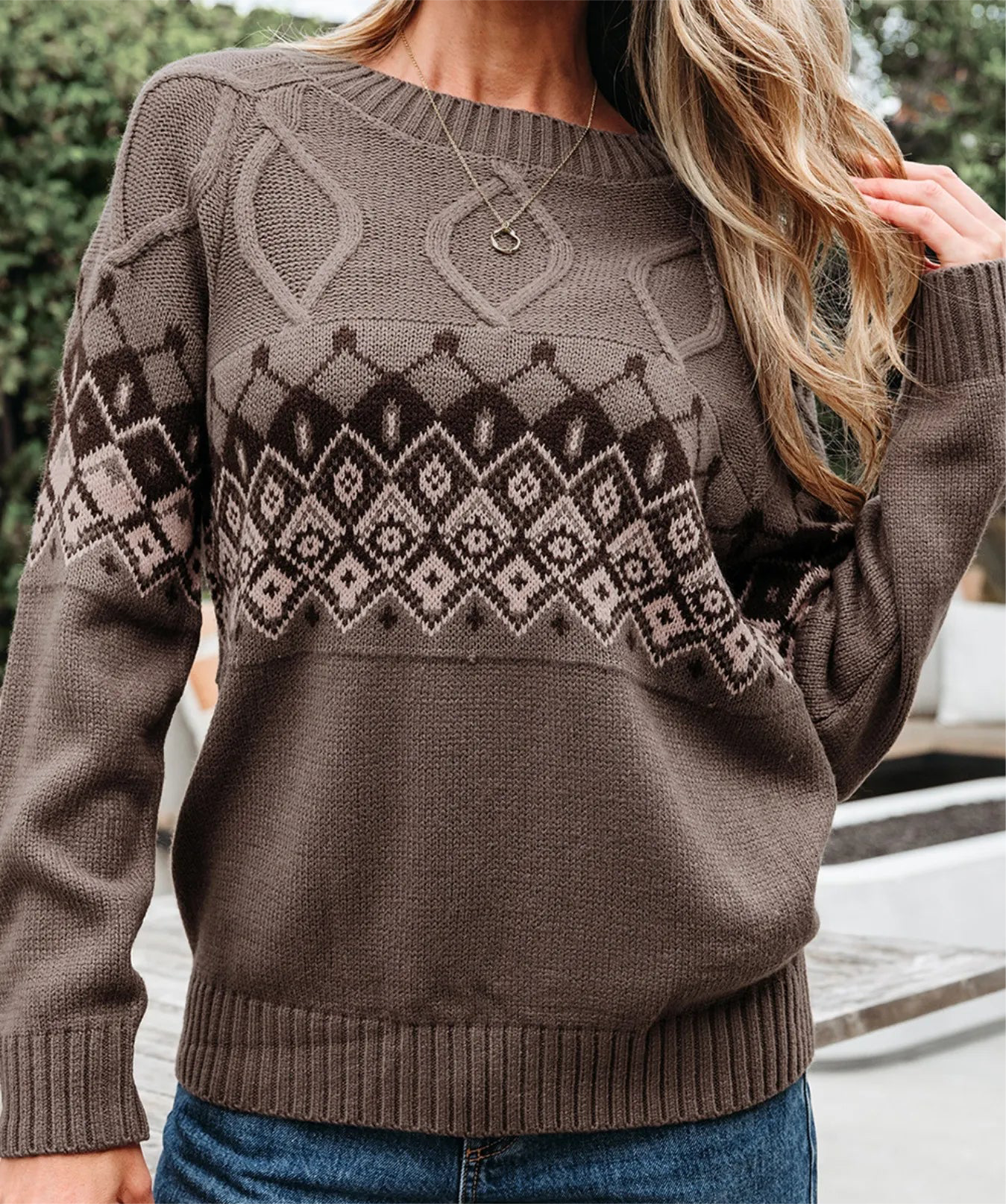 Geometric Round Neck Long Sleeve Sweater