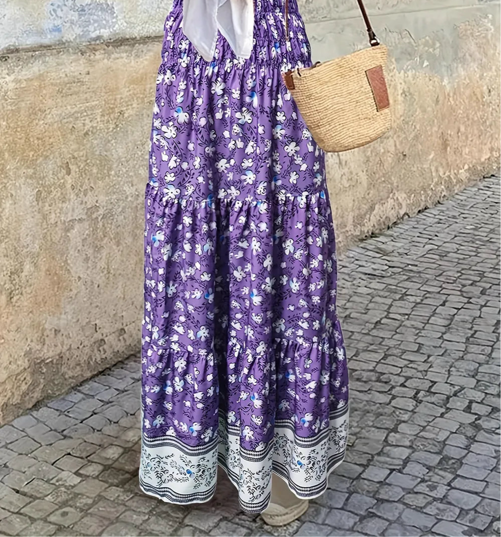Full Size Tiered Printed Elastic Waist Skirt
