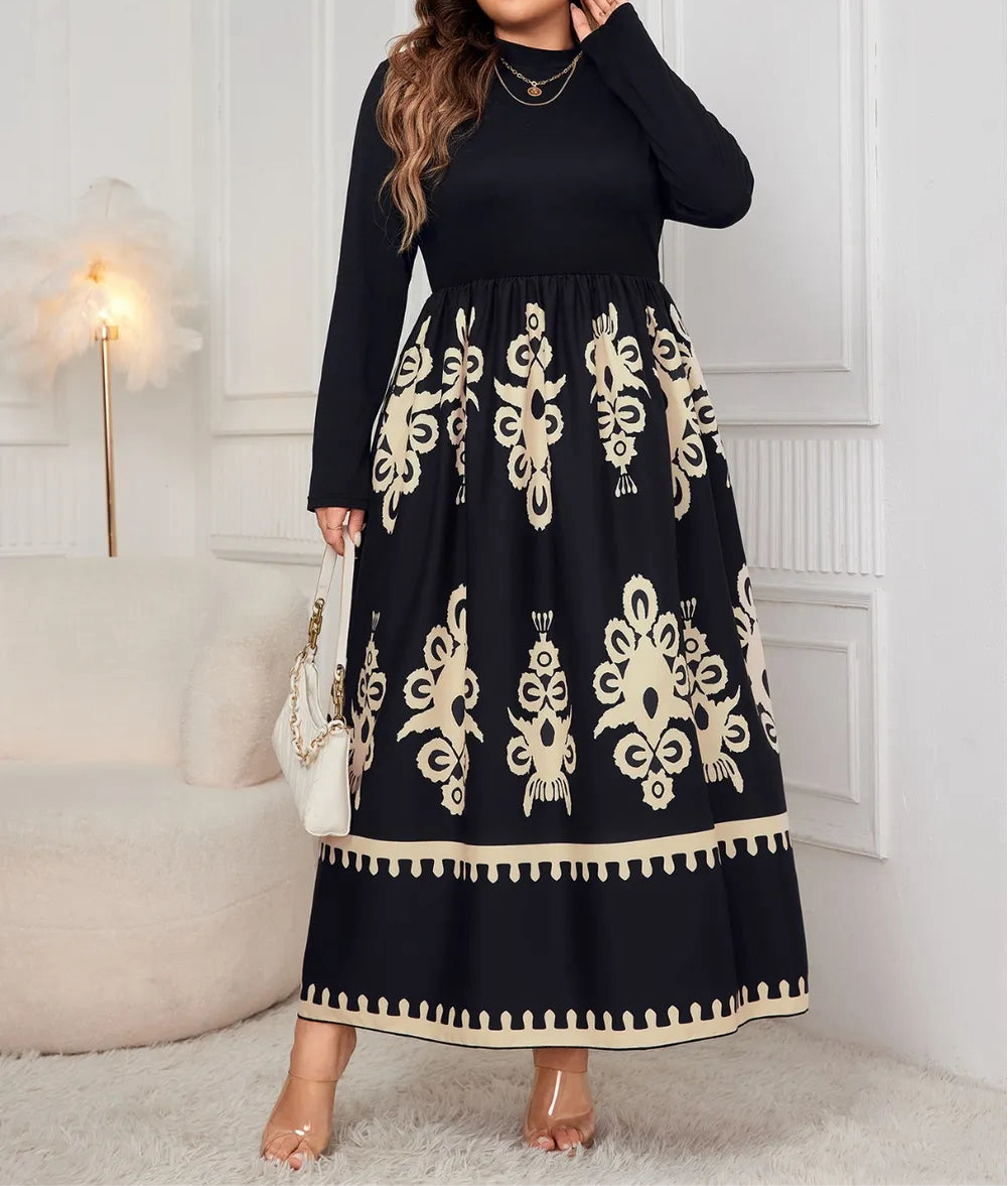 Plus Size Printed Mock Neck Long Sleeve Dress