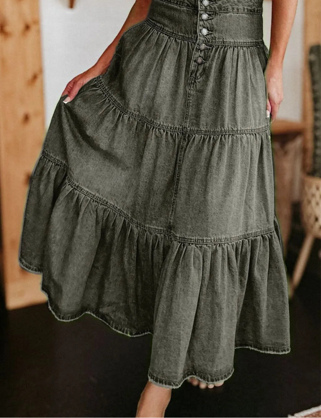 Ruched Button Fly Denim Skirt