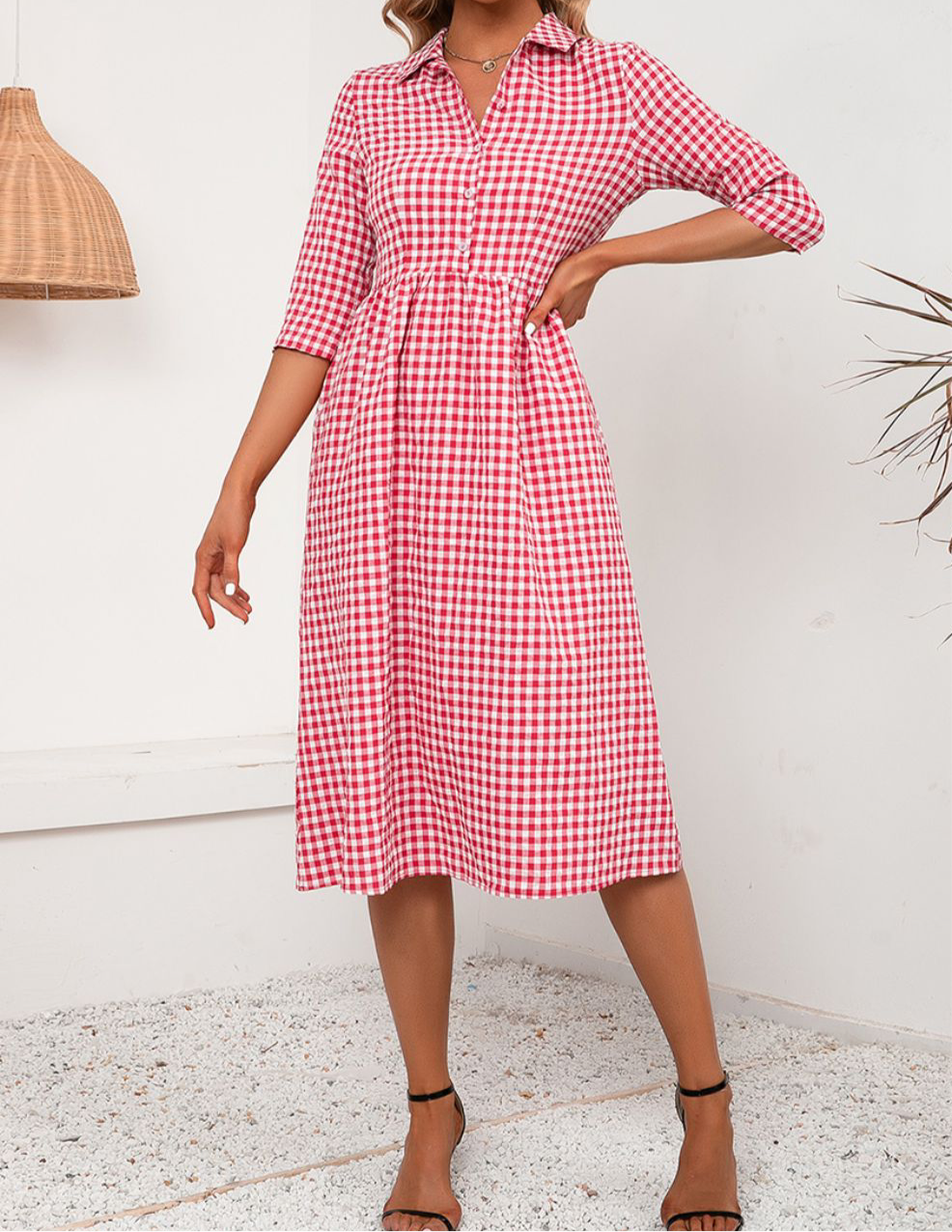 Plaid Collared Neck Midi Dress