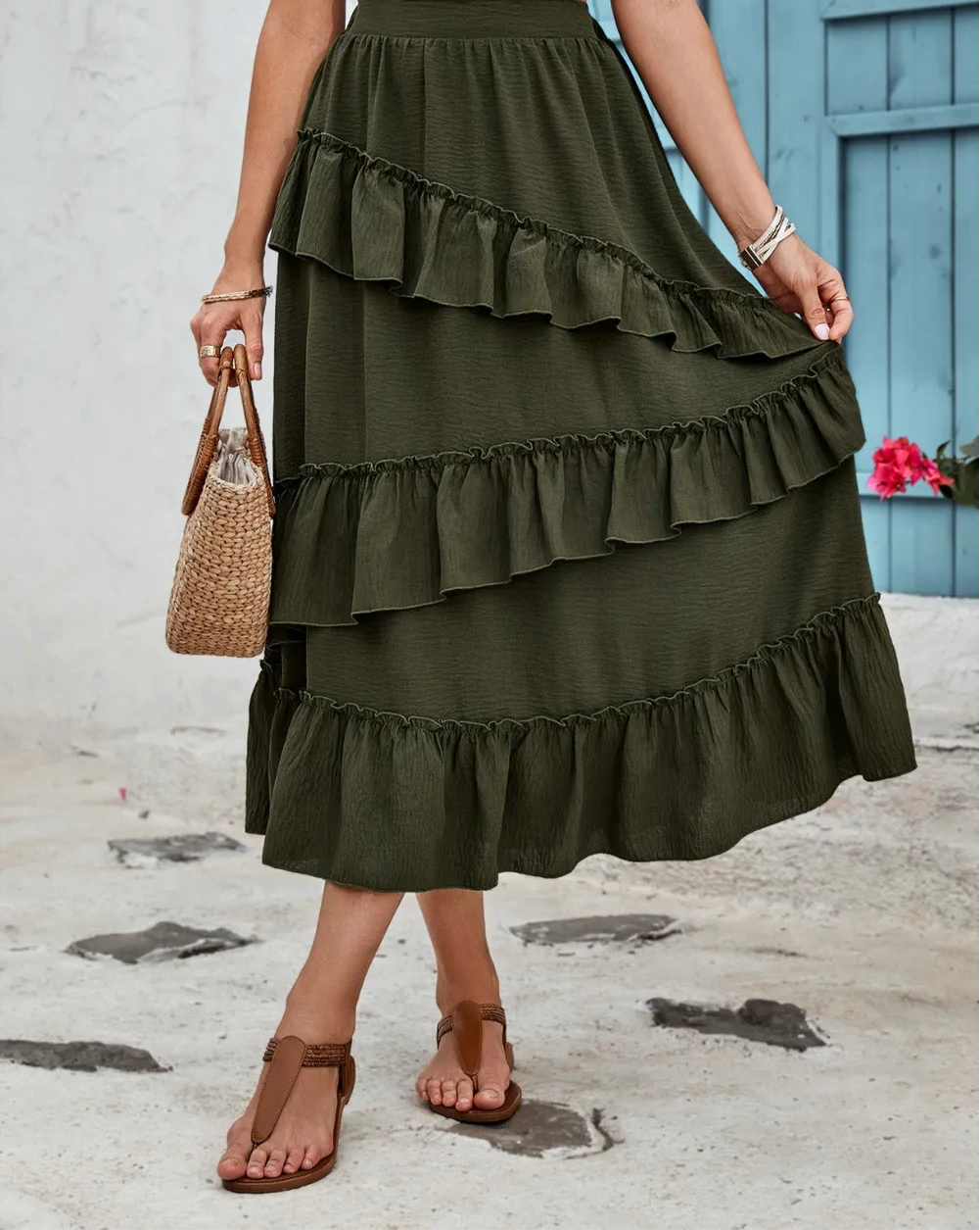 Honey Ruffled Elastic Waist Midi Skirt